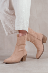 RODEO BOOTS WITH SELF COLOR EMBROIDERY AND SIZE ZIP IN BEIGE SUEDE