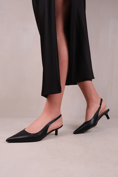 NEW FORM LOW KITTEN HEELS WITH POINTED TOE ELASTIC SLINGBACK IN BLAC Where s That From UK