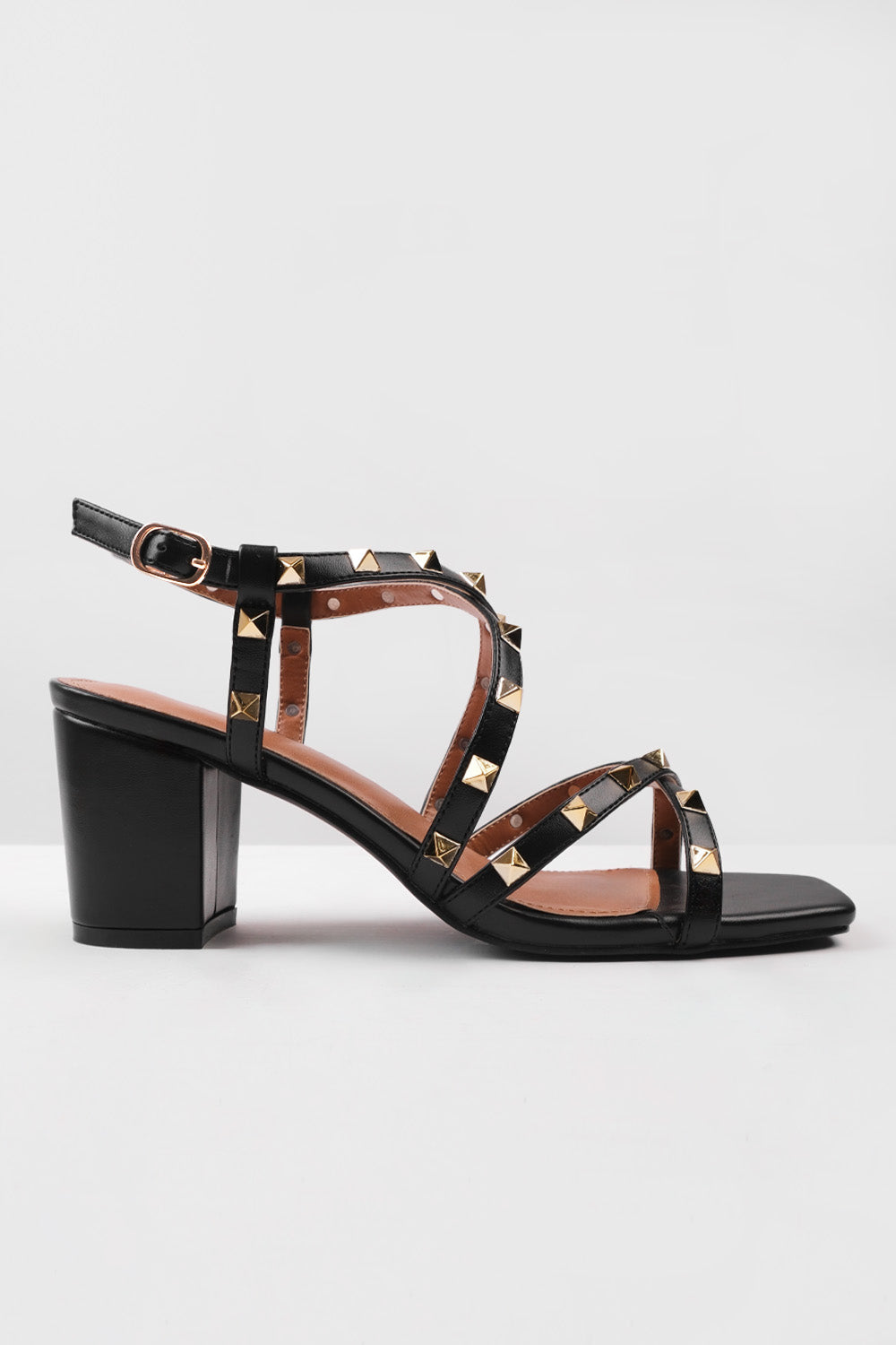 INTENSE STRAPPY BLOCK HEEL SANDALS WITH STUD DETAIL IN BLACK FAUX LEATHER