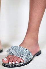 LORNA WIDE FIT DIAMANTE BOW FLAT SLIDERS WITH STUD DETAILS IN MOON SILVER