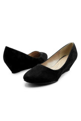 KIERAN WIDE FIT PLATFORM LOW WEDGE MID HEEL COURT SHOES IN BLACK SUEDE