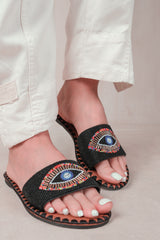 CLEANSE FLAT SANDALS WITH BEADED EYE DETAILING IN BLACK