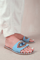 CLEANSE FLAT SANDALS WITH BEADED EYE DETAILING IN BABY BLUE
