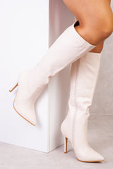 ZOYA HIGH HEEL CALF BOOT IN IVORY CREAM FAUX LEATHER