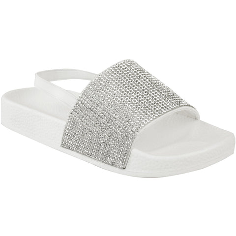 LEVELLE KIDS FLATFORM SLIDERS WIT DIAMANTE STRAP & SLINGBACK IN WHITE