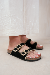 SUNSET DOUBLE STRAP FLAT SANDALS WITH BUCKLE DETAIL IN BLACK SUEDE