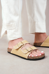 SUNSET DOUBLE STRAP FLAT SANDALS WITH BUCKLE DETAIL IN KHAKI FAUX LEATHER