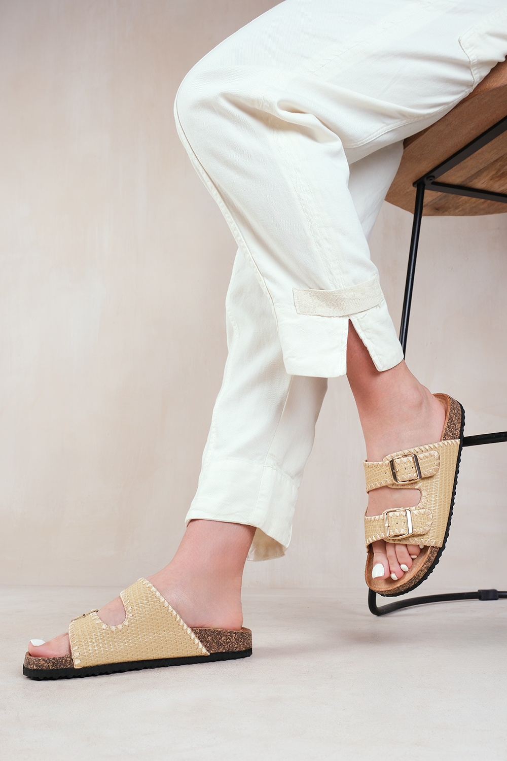 SUNSET DOUBLE STRAP FLAT SANDALS WITH BUCKLE DETAIL IN KHAKI FAUX LEATHER