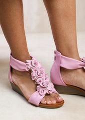 ABILENE LOW WEDGE HEEL SANDALS WITH FLORAL DETAIL IN BLUSH PINK FAUX LEATHER