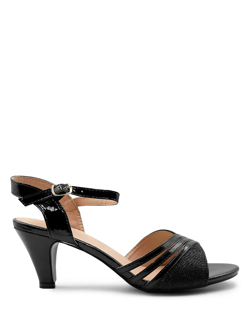 STORMI LOW HEEL SANDALS WITH BUCKLE ANKLE STRAP IN BLACK GLITTER