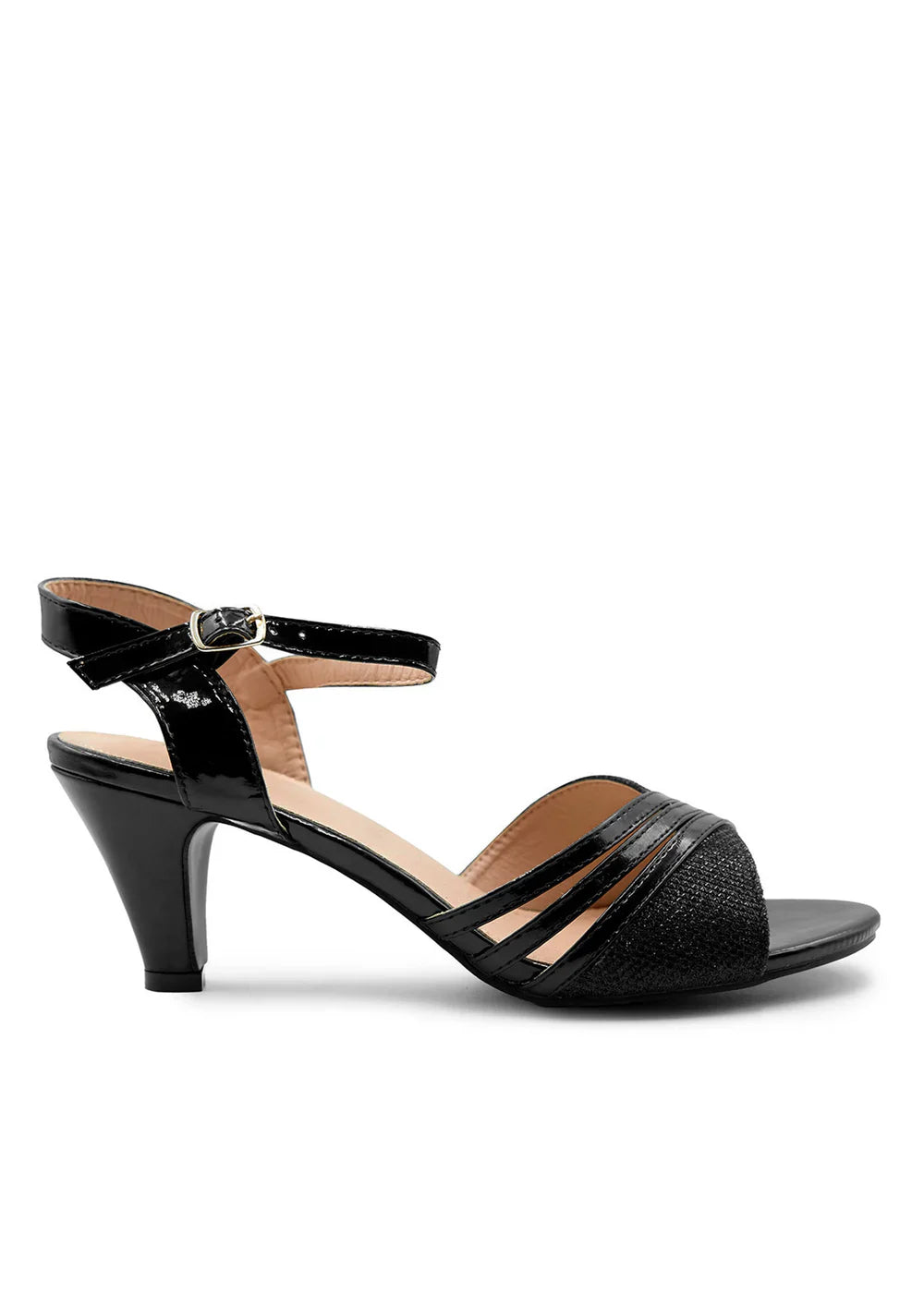 STORMI WIDE FIT LOW HEEL SANDALS WITH BUCKLE ANKLE STRAP IN BLACK GLITTER