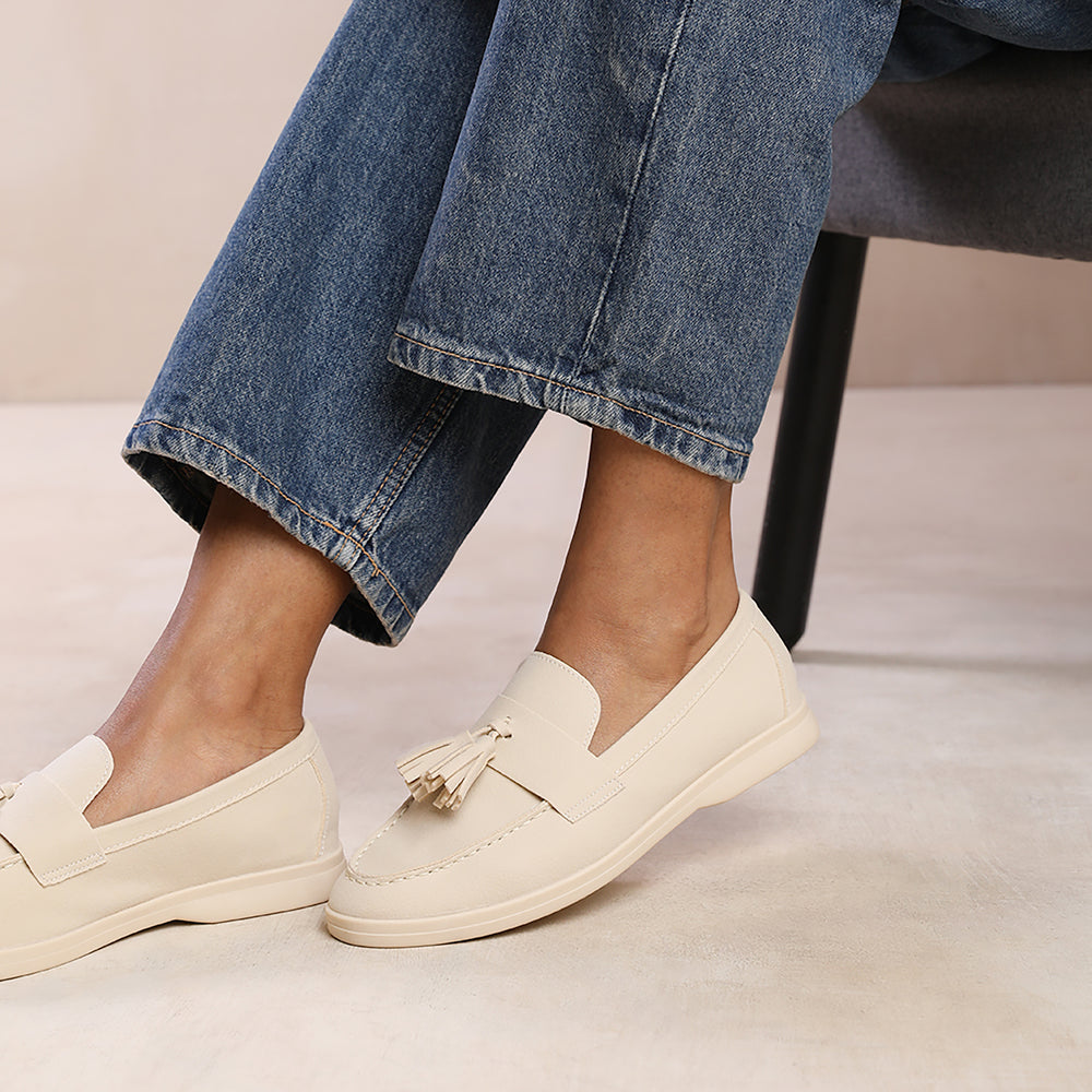 KENYA WIDE FIT SLIP ON LOAFER WITH TASSEL DETAILING IN BEIGE SUEDE