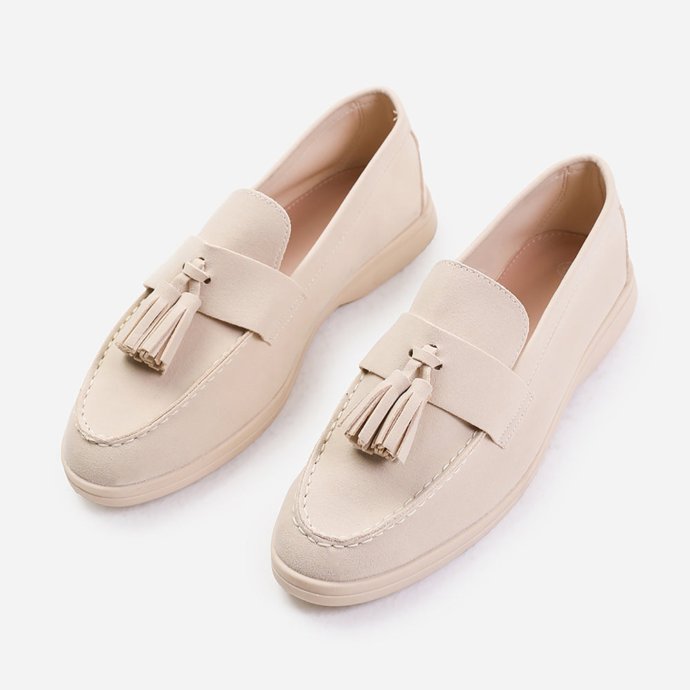 KENYA WIDE FIT SLIP ON LOAFER WITH TASSEL DETAILING IN BEIGE SUEDE