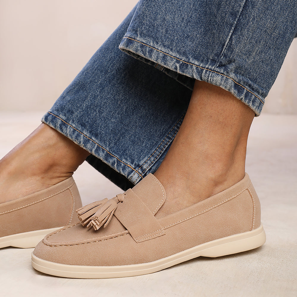 KENYA WIDE FIT SLIP ON LOAFER WITH TASSEL DETAILING IN KHAKI SUEDE