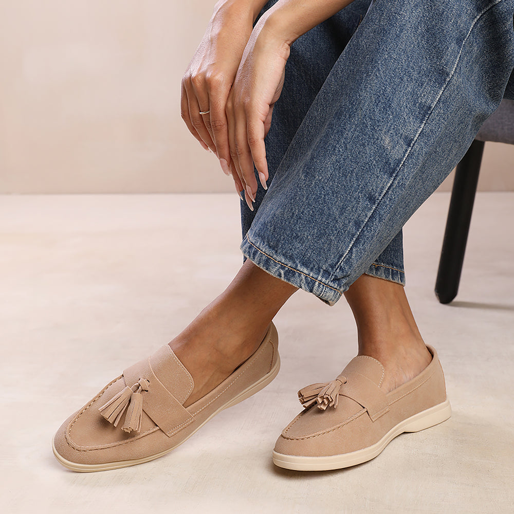 KENYA WIDE FIT SLIP ON LOAFER WITH TASSEL DETAILING IN KHAKI SUEDE