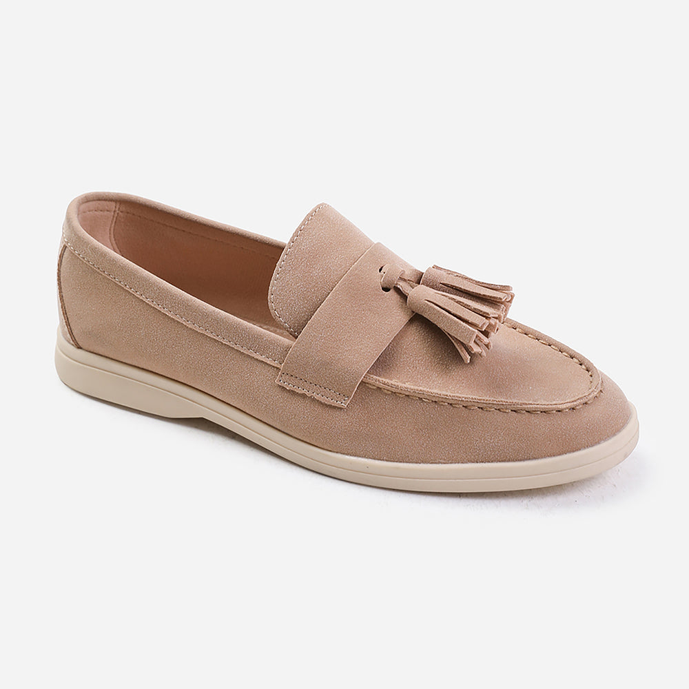 KENYA WIDE FIT SLIP ON LOAFER WITH TASSEL DETAILING IN KHAKI SUEDE