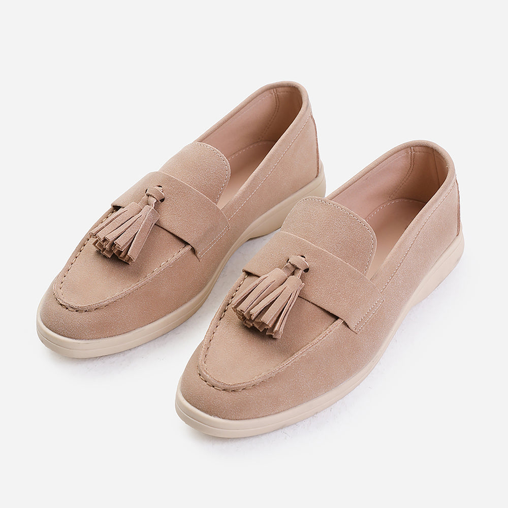 KENYA WIDE FIT SLIP ON LOAFER WITH TASSEL DETAILING IN KHAKI SUEDE