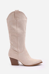 Yasmine Calf Cowboy Boots Block Heel Western Embroidered In Beige Suede