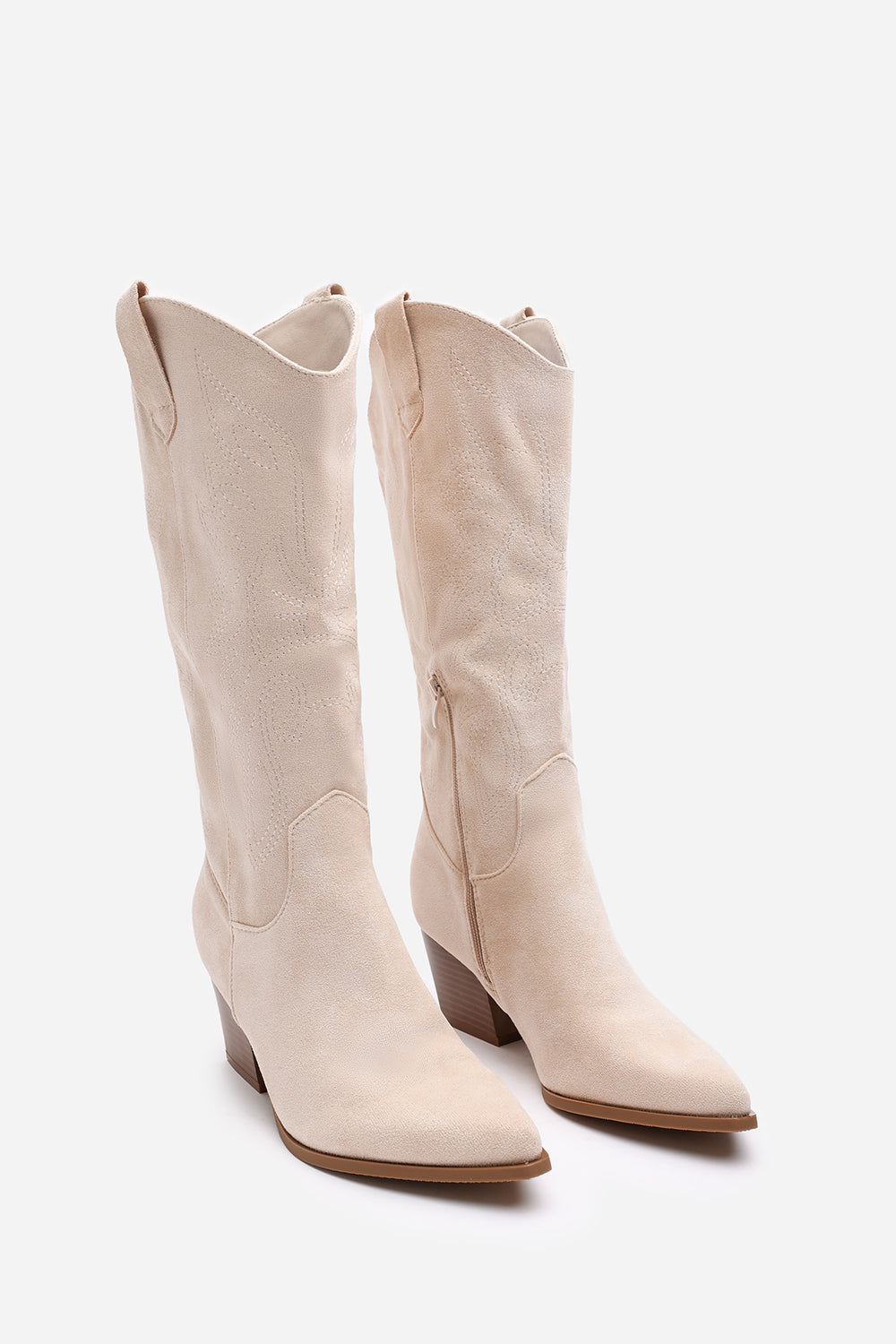 Yasmine Calf Cowboy Boots Block Heel Western Embroidered In Beige Suede