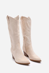 Yasmine Calf Cowboy Boots Block Heel Western Embroidered In Beige Suede