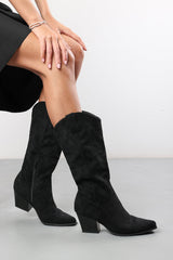 Yasmine Calf Cowboy Boots Block Heel Western Embroidered In Black Suede