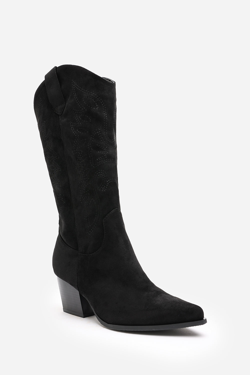 Yasmine Calf Cowboy Boots Block Heel Western Embroidered In Black Suede