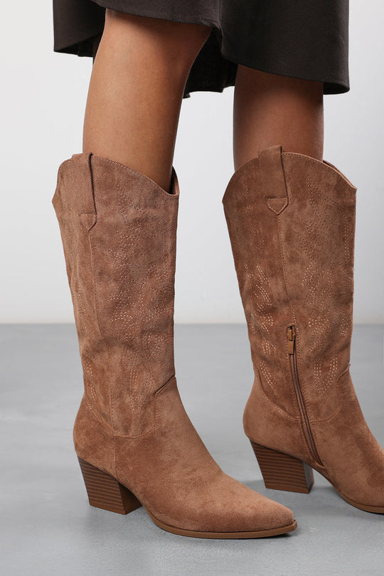 Yasmine Calf Cowboy Boots Block Heel Western Embroidered In Camel Suede