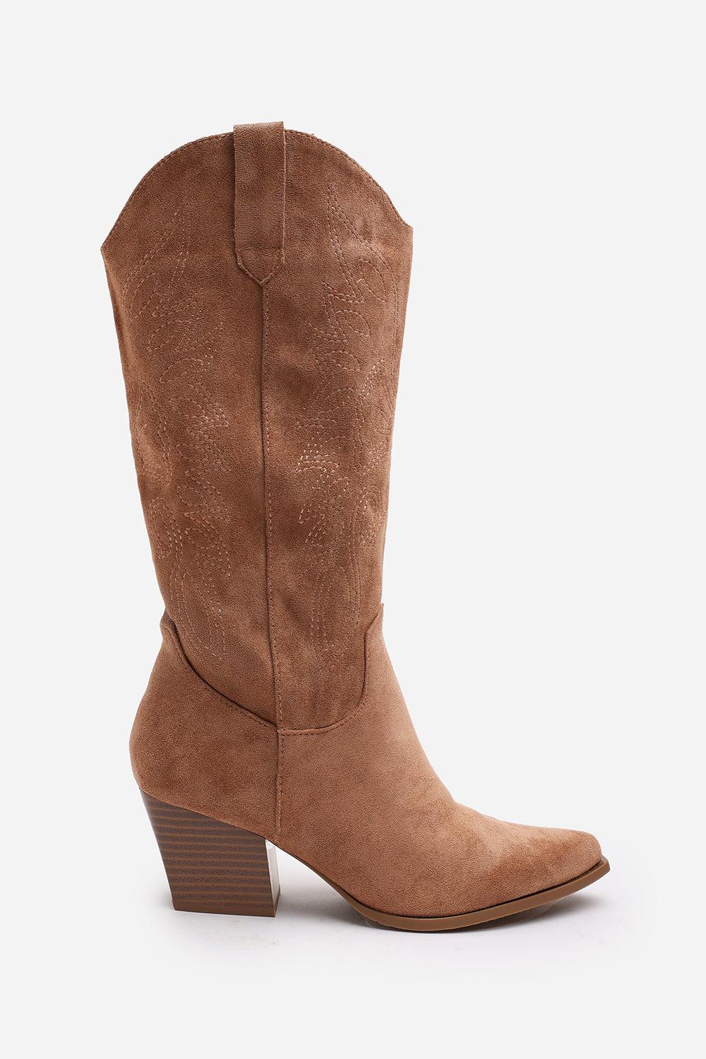 Yasmine Calf Cowboy Boots Block Heel Western Embroidered In Camel Suede