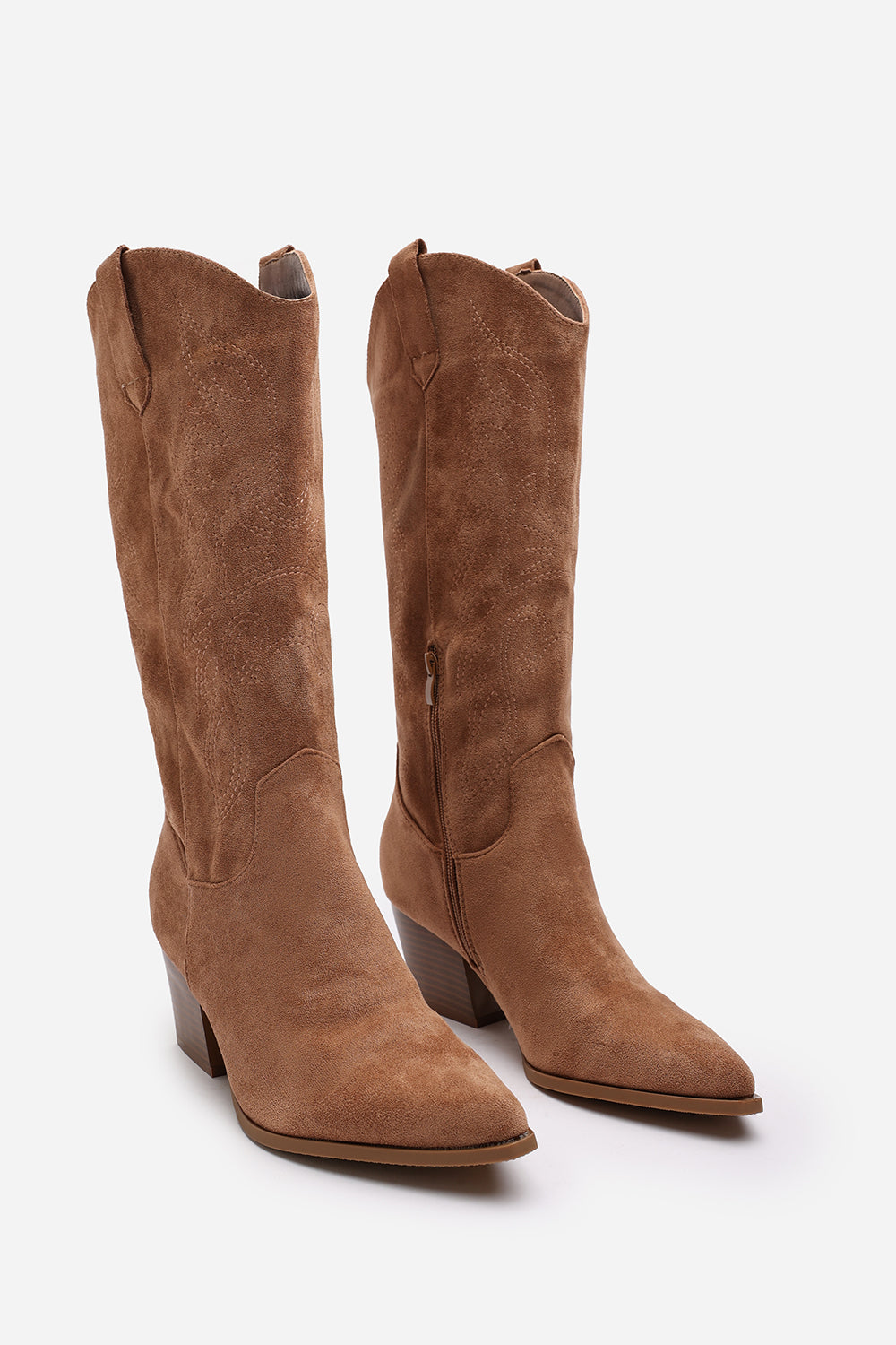 Yasmine Calf Cowboy Boots Block Heel Western Embroidered In Camel Suede