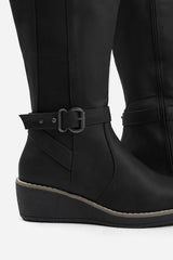 AYLEEN WIDE CALF WEDGE HEEL KNEE HIGH BOOTS WITH ELASTIC PANEL IN WIDE E FIT IN BLACK FAUX LEATHER