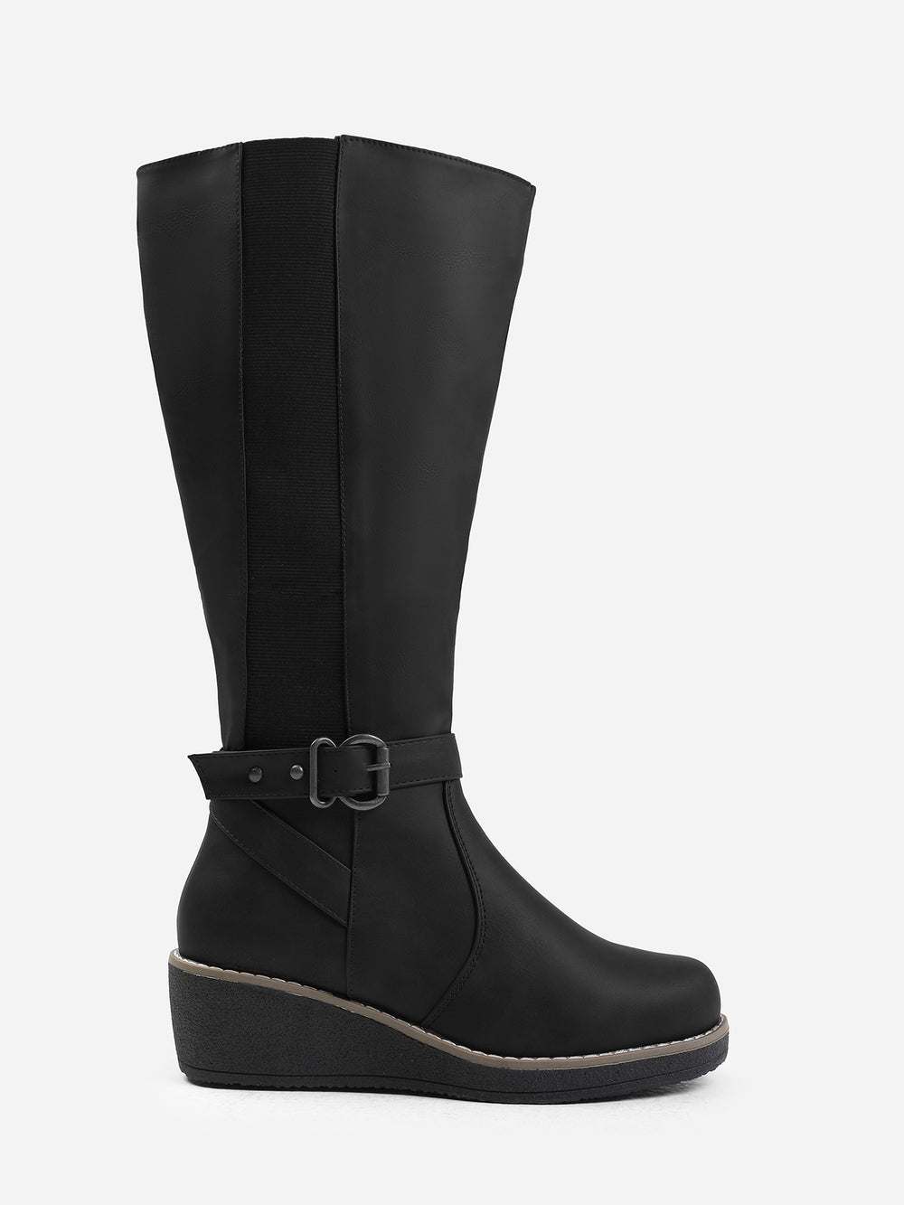 AYLEEN WEDGE HEEL KNEE HIGH BOOTS WITH ELASTIC PANEL IN BLACK FAUX LEATHER