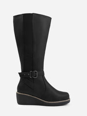 AYLEEN WEDGE HEEL KNEE HIGH BOOTS WITH ELASTIC PANEL IN BLACK FAUX LEATHER