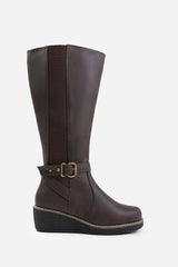 AYLEEN WIDE CALF WEDGE HEEL KNEE HIGH BOOTS WITH ELASTIC PANEL IN WIDE E FIT IN BROWN FAUX LEATHER