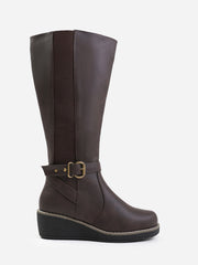 AYLEEN WEDGE HEEL KNEE HIGH BOOTS WITH ELASTIC PANEL IN BROWN FAUX LEATHER