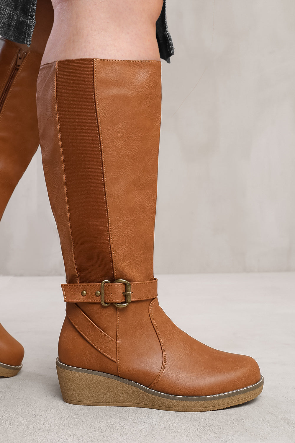 AYLEEN WIDE CALF WEDGE HEEL KNEE HIGH BOOTS WITH ELASTIC PANEL IN WIDE E FIT IN TAN FAUX LEATHER