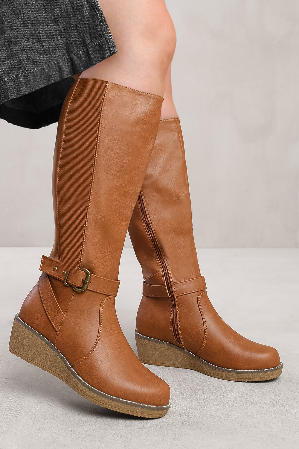 AYLEEN WIDE CALF WEDGE HEEL KNEE HIGH BOOTS WITH ELASTIC PANEL IN WIDE Where s That From UK