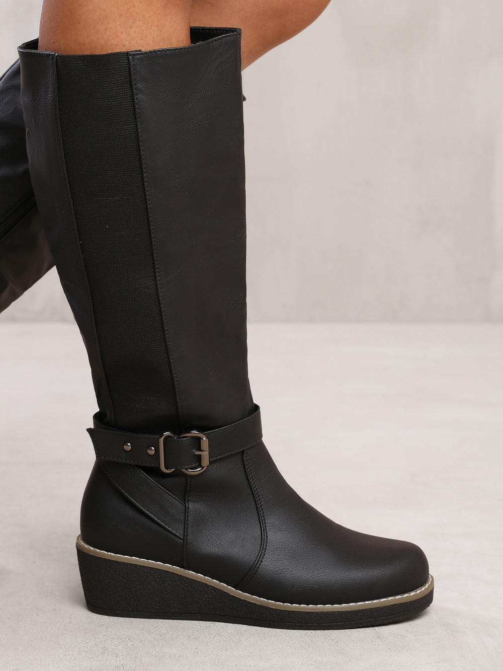 AYLEEN WEDGE HEEL KNEE HIGH BOOTS WITH ELASTIC PANEL IN BLACK FAUX LEATHER