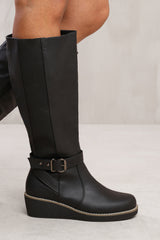 AYLEEN WIDE CALF WEDGE HEEL KNEE HIGH BOOTS WITH ELASTIC PANEL IN WIDE E FIT IN BLACK FAUX LEATHER