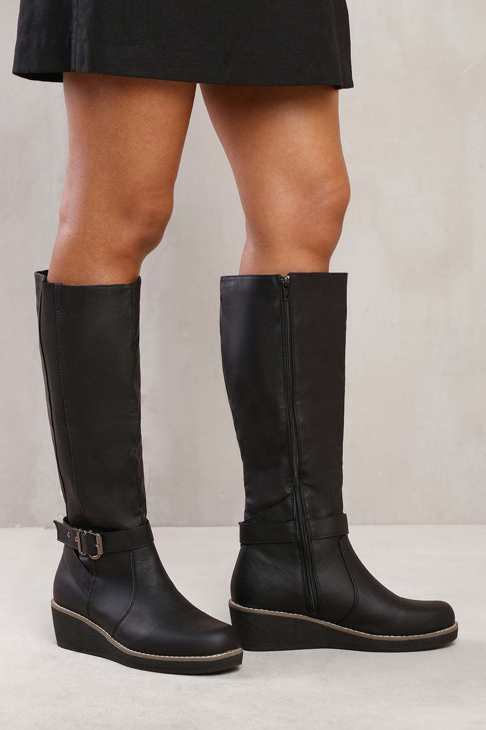 AYLEEN WIDE CALF WEDGE HEEL KNEE HIGH BOOTS WITH ELASTIC PANEL IN WIDE E FIT IN BLACK FAUX LEATHER