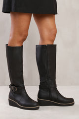 AYLEEN WEDGE HEEL KNEE HIGH BOOTS WITH ELASTIC PANEL IN BLACK FAUX LEATHER