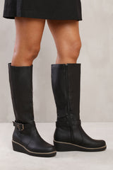 VANDA WEDGE HEEL KNEE HIGH BOOTS WITH ELASTIC PANEL IN BLACK