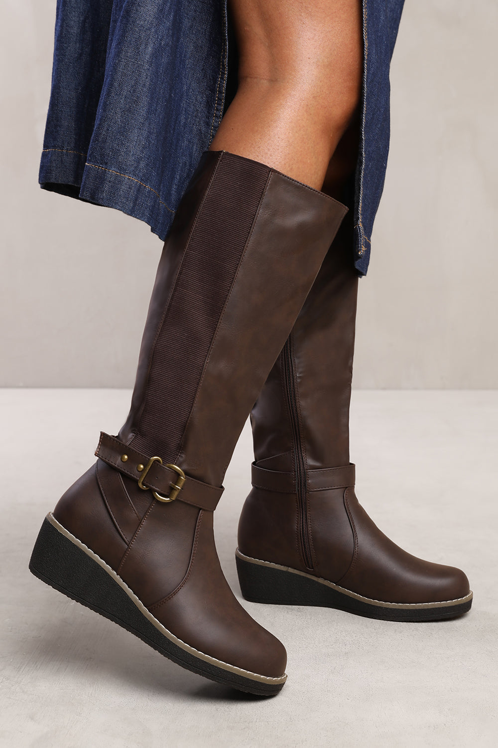 AYLEEN WIDE CALF WEDGE HEEL KNEE HIGH BOOTS WITH ELASTIC PANEL IN WIDE E FIT IN BROWN FAUX LEATHER