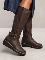 AYLEEN WEDGE HEEL KNEE HIGH BOOTS WITH ELASTIC PANEL IN BROWN FAUX LEATHER