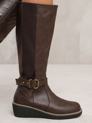 AYLEEN WEDGE HEEL KNEE HIGH BOOTS WITH ELASTIC PANEL IN BROWN FAUX LEATHER