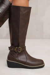 AYLEEN WEDGE HEEL KNEE HIGH BOOTS WITH ELASTIC PANEL IN BROWN FAUX LEATHER