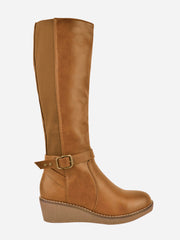 AYLEEN WEDGE HEEL KNEE HIGH BOOTS WITH ELASTIC PANEL IN TAN BROWN FAUX LEATHER