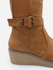 AYLEEN WEDGE HEEL KNEE HIGH BOOTS WITH ELASTIC PANEL IN TAN BROWN FAUX LEATHER