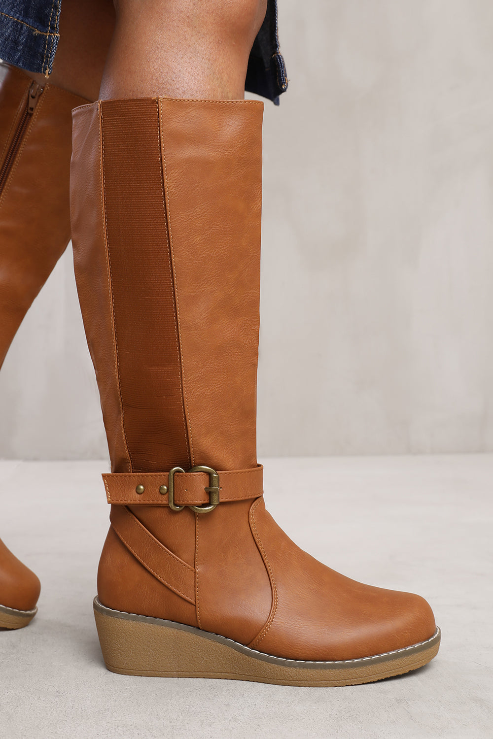 AYLEEN WIDE CALF WEDGE HEEL KNEE HIGH BOOTS WITH ELASTIC PANEL IN WIDE E FIT IN TAN FAUX LEATHER