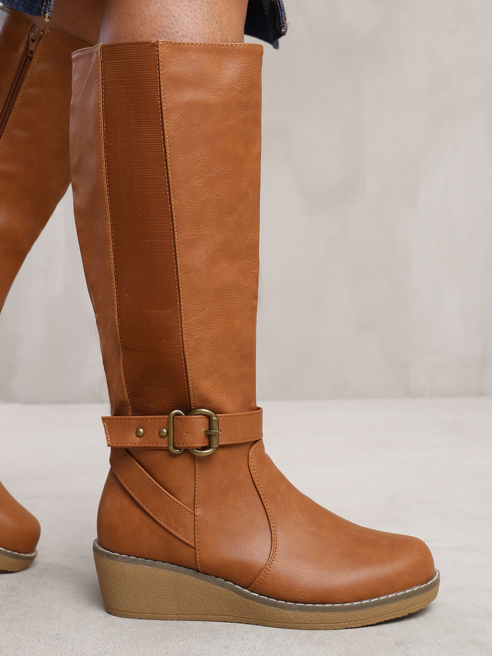 AYLEEN WEDGE HEEL KNEE HIGH BOOTS WITH ELASTIC PANEL IN TAN BROWN FAUX LEATHER