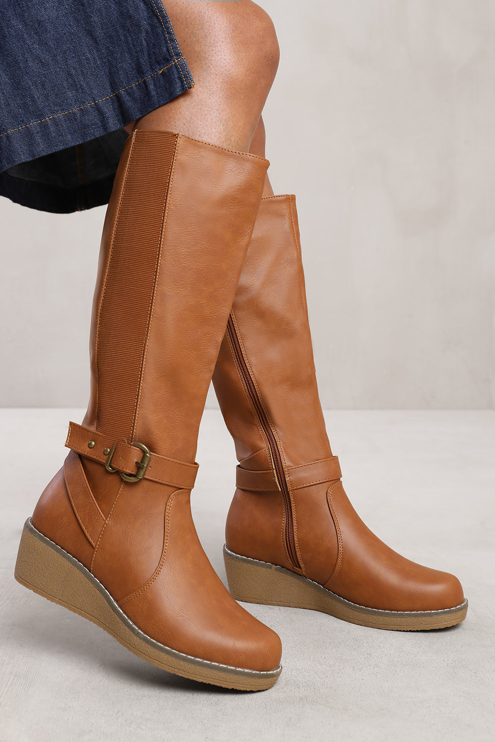 AYLEEN WEDGE HEEL KNEE HIGH BOOTS WITH ELASTIC PANEL IN TAN BROWN FAUX LEATHER